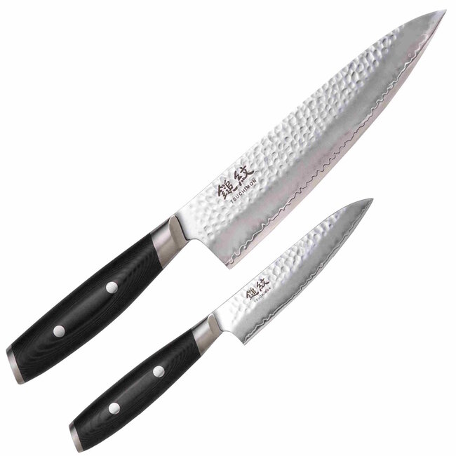 Yaxell Tsuchimon Messenset – 2-delig – Koksmes 20 cm en Universeelmes 12 cm – 3 Lagen Damaststaal – VG10 Staal – Canvas-Micarta Heft