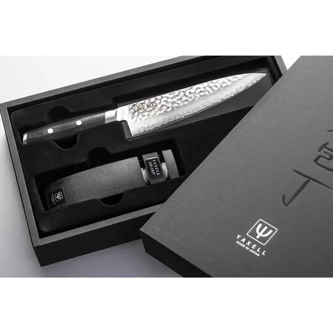 Yaxell Tsuchimon Geschenkset – 2-delig – Messenslijper en Koksmes 20 cm – 3 Lagen Damaststaal – Canvas-Micarta Heft