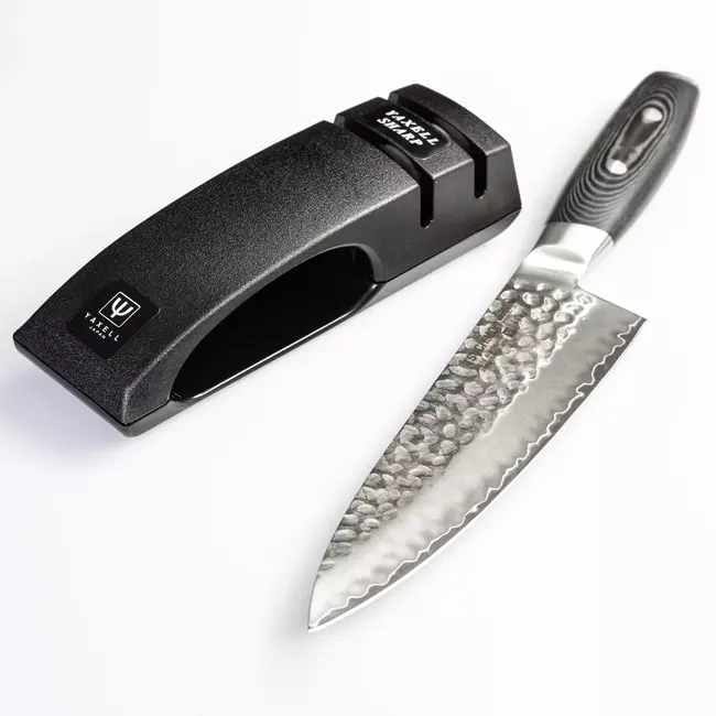 Yaxell Tsuchimon Geschenkset – 2-delig – Messenslijper en Koksmes 20 cm – 3 Lagen Damaststaal – Canvas-Micarta Heft