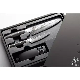 Yaxell Tsuchimon Geschenkset – 3-delig – Messenslijper met Koksmes 20 cm en Universeelmes 12 cm – 3 Lagen Damaststaal – VG10 Staal – Canvas-Micarta Heft