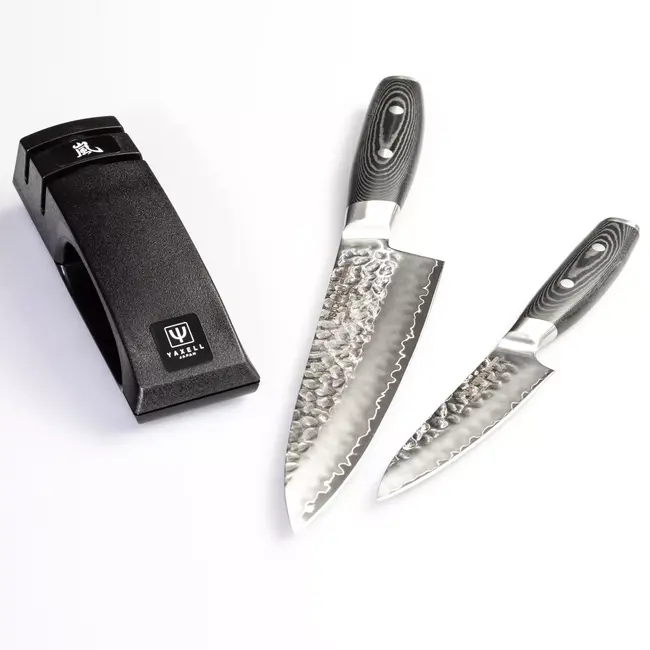 Yaxell Tsuchimon Geschenkset – 3-delig – Messenslijper met Koksmes 20 cm en Universeelmes 12 cm – 3 Lagen Damaststaal – VG10 Staal – Canvas-Micarta Heft