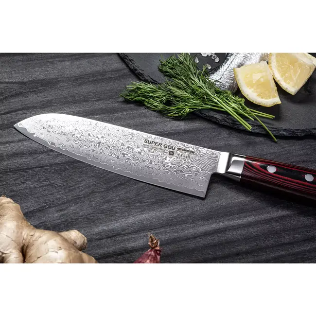 Yaxell Super Gou Santoku Koksmes 16,5 cm – 161 Lagen Damaststaal – SG2 Staal – 63 HRC – Canvas-Micarta Heft