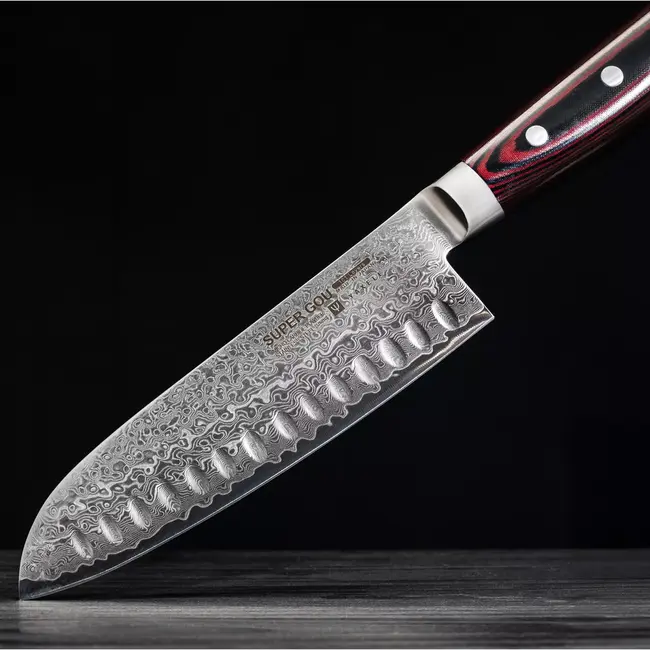 Yaxell Super Gou Santoku Mes met Kuiltjes 16,5 cm – 161 Lagen Damaststaal – SG2 Staal – 63 HRC – Canvas-Micarta Heft