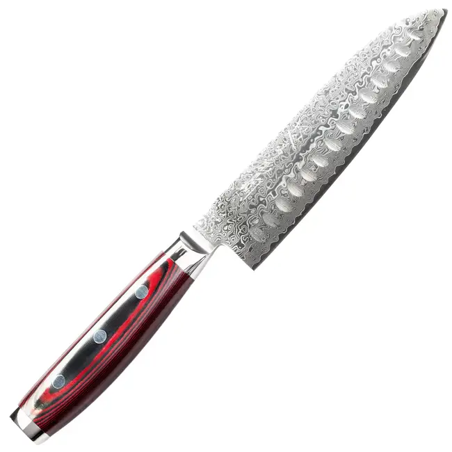 Yaxell Super Gou Santoku Mes met Kuiltjes 16,5 cm – 161 Lagen Damaststaal – SG2 Staal – 63 HRC – Canvas-Micarta Heft