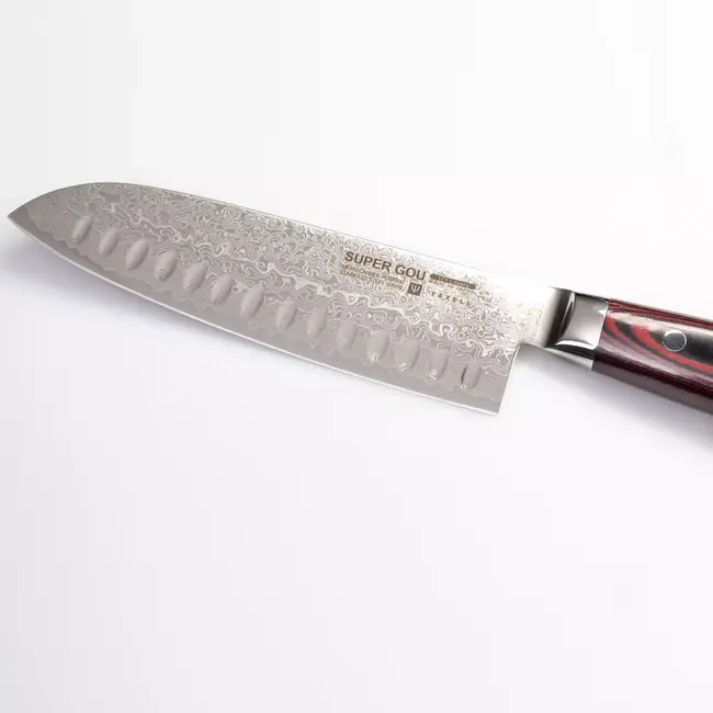 Yaxell Super Gou Santoku Mes met Kuiltjes 16,5 cm – 161 Lagen Damaststaal – SG2 Staal – 63 HRC – Canvas-Micarta Heft