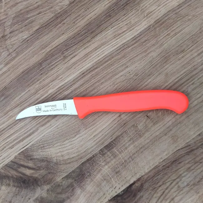 RÖR Solingen Schilmesje Krom / Gebogen – Kunststof Handvat – RVS Lemmet – Neon Rood