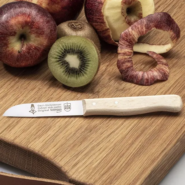 RÖR Solingen Schilmesje Hout – Lemmet Recht 75 mm – Carbonstaal – Oma's Keukenmesje