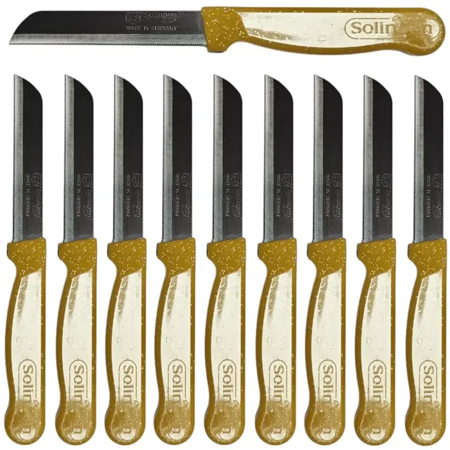 Solingen Kartelmes – Tomatenmes met Kartel – Robuust Handvat – RVS – 18,5 cm met Blade Cover – Goud Glitter – 10 Stuks
