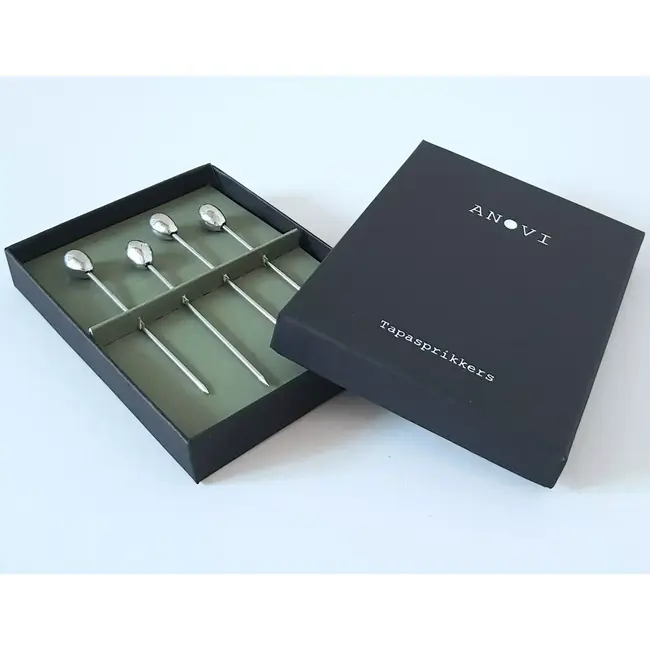 Anovi Tapasprikkers met Olijfmotief – Ambachtelijk Zilvertin – 4 Stuks