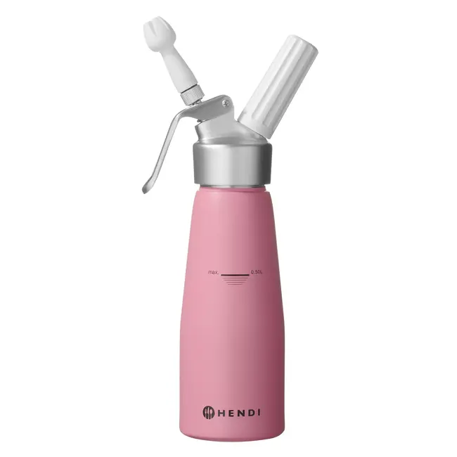 HENDI Slagroomapparaat – 0,5L – Pastelroze – Inclusief 3 mondstukken en borstel – Aluminium
