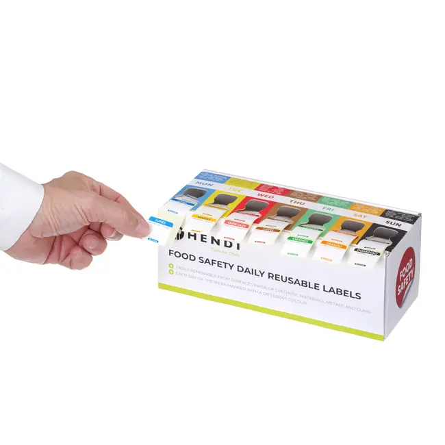 HENDI Voedselveiligheidsstickers met dispenser 240 x 80 x 100 mm - Spaans, Portugees en Engels