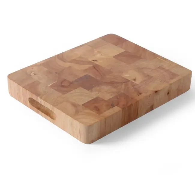 HENDI Dikke snijplank met handgrepen – 265x325x45 mm – rubberhout – schaakpatroon