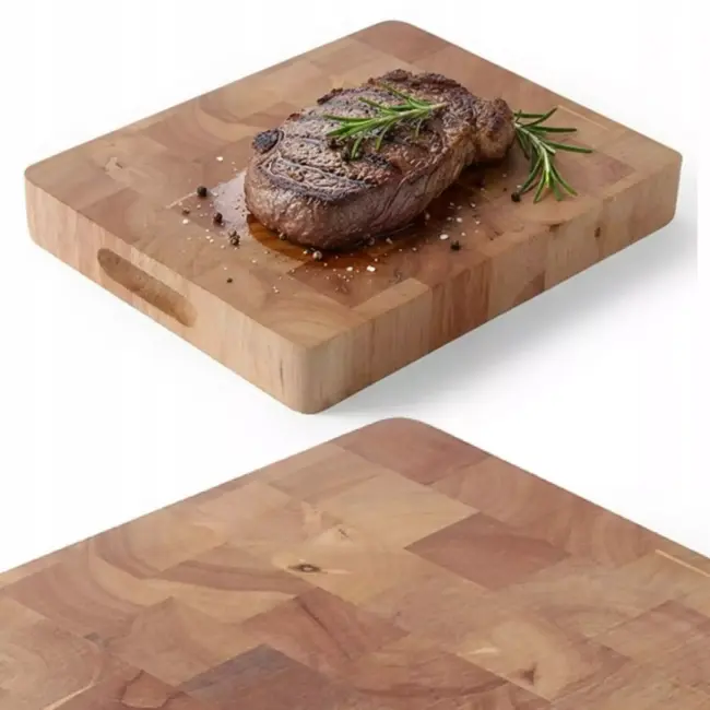 HENDI Dikke snijplank met handgrepen – 265x325x45 mm – rubberhout – schaakpatroon