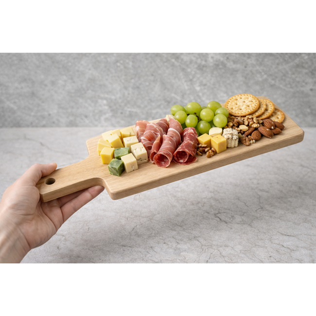 HOCHO Ivory snijplank van massief beukenhout met handgreep en ophangoog, geolied en hygiënisch, voor snijden en serveren, 395 x 130 x 20 mm