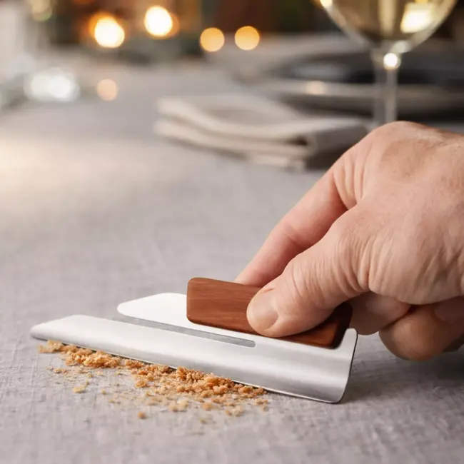 Triangle Kruimelverzamelaar, RVS 18/0 met pruimenhouten greep en sleuf voor schort,