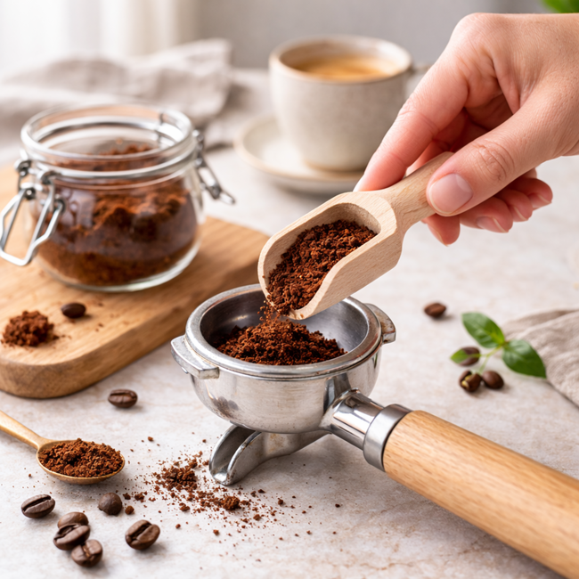 HOCHO Aster Houten schepje van beukenhout 60 mm, extra compact voor smalle potjes met zout, suiker of thee