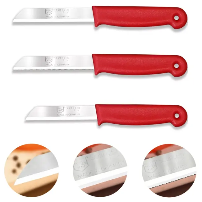 Solingen 3 delige keukenmessen set met 2 schilmessen en 1 tomatenmes 15 cm en 18 cm rood