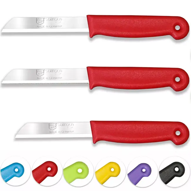 Solingen 3 delige keukenmessen set met 2 schilmessen en 1 tomatenmes 15 cm en 18 cm rood