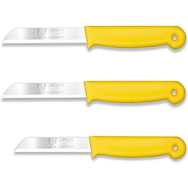 Solingen 3 delige keukenmessen set met 2 schilmessen en 1 tomatenmes 15 cm en 18 cm geel