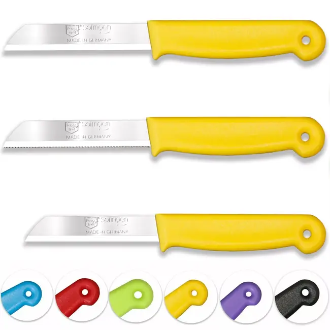 Solingen 3 delige keukenmessen set met 2 schilmessen en 1 tomatenmes 15 cm en 18 cm geel