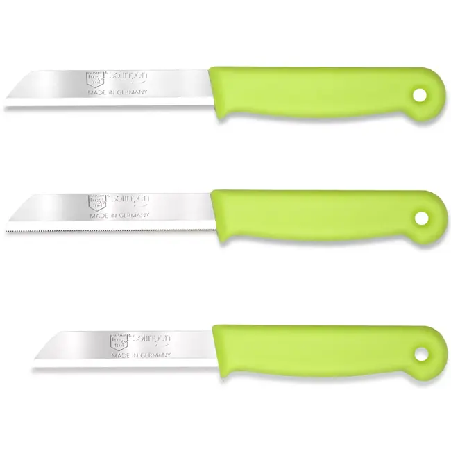 Solingen 3 delige keukenmessen set met 2 schilmessen en 1 tomatenmes 15 cm en 18 cm groen