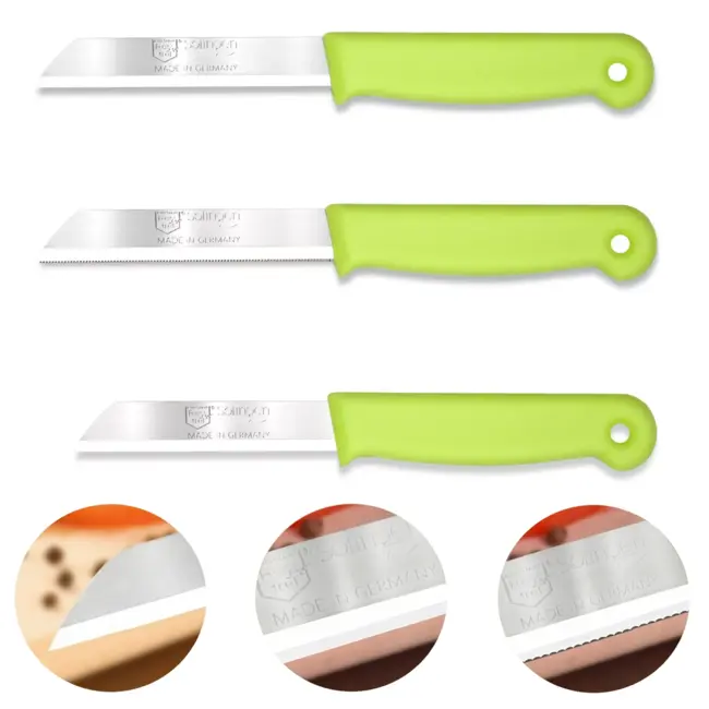 Solingen 3 delige keukenmessen set met 2 schilmessen en 1 tomatenmes 15 cm en 18 cm groen