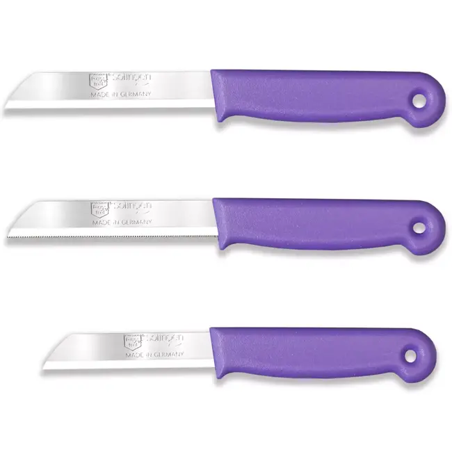 Solingen 3 delige keukenmessen set met 2 schilmessen en 1 tomatenmes 15 cm en 18 cm paars