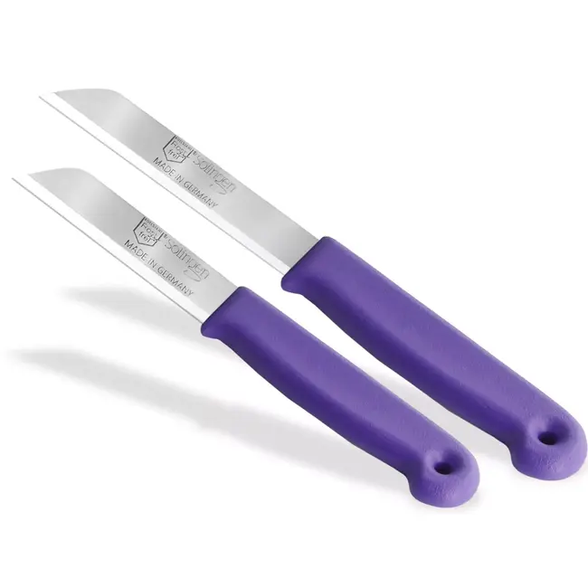 Solingen 3 delige keukenmessen set met 2 schilmessen en 1 tomatenmes 15 cm en 18 cm paars