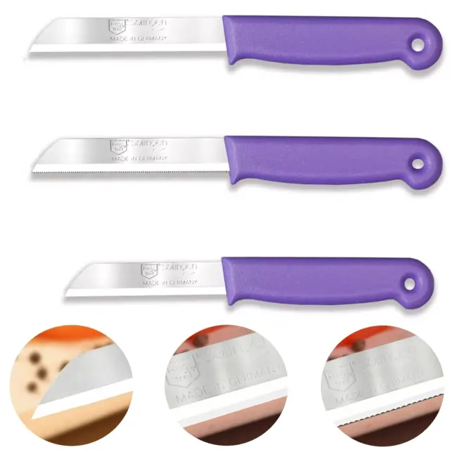 Solingen 3 delige keukenmessen set met 2 schilmessen en 1 tomatenmes 15 cm en 18 cm paars