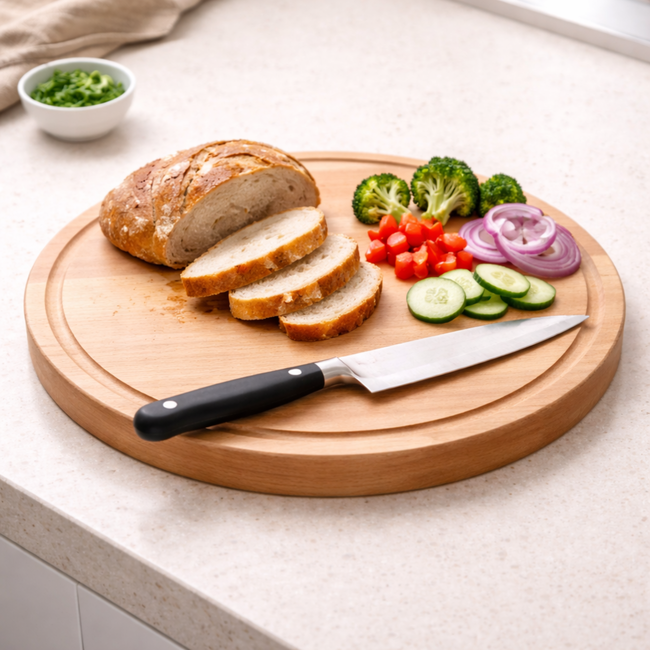 HOCHO Dikke Ronde Snijplank met Sapgeul en Handgrepen – Beukenhout – Ø 350x40 mm