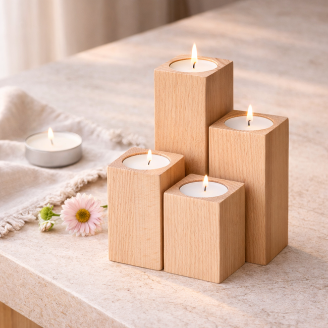 HOCHO Beukenhouten Waxinelichthouders – Set van 4 – Sfeervol