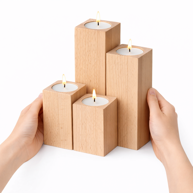 HOCHO Beukenhouten Waxinelichthouders – Set van 4 – Sfeervol