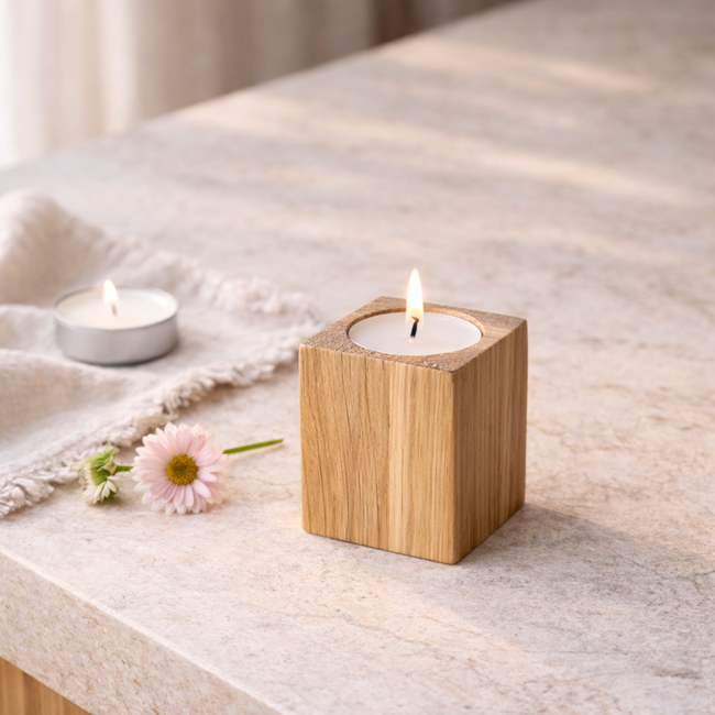 HOCHO Eikenhouten Waxinelichthouder – 50x50x60 mm – Natuurlijke Look