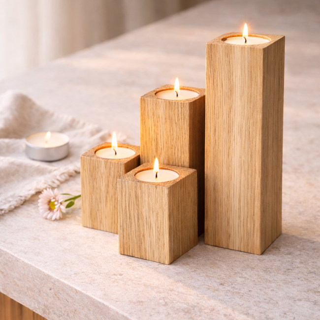 HOCHO Eikenhouten Waxinelichthouders – Set van 4  –  Stijlvol