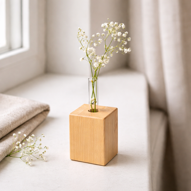 HOCHO Beukenhouten Vaas 55x55x70 mm – Met Glazen Buisje voor Bloemen