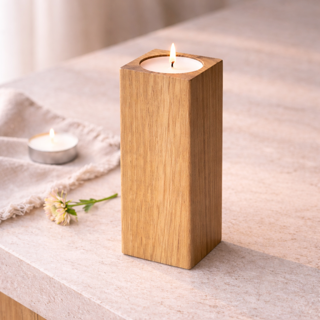 HOCHO Eikenhouten Waxinelichthouder – 50x50x120 mm – Stijlvol & Duurzaam