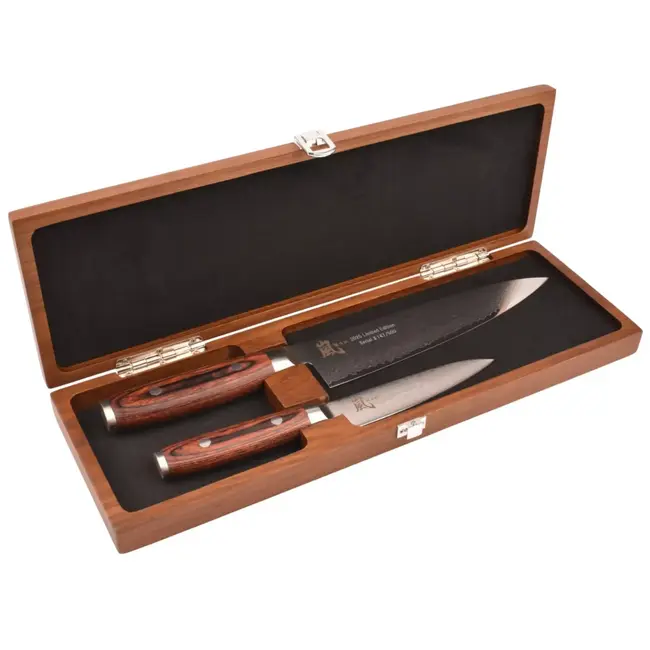 Yaxell Ran Messenset – Giftset – 2-delig – Koksmes 20 cm & Universeelmes 12 cm – 69 Lagen Damaststaal – VG10 Staal – 61 HRC – Mahonie Heft - Limited Edition