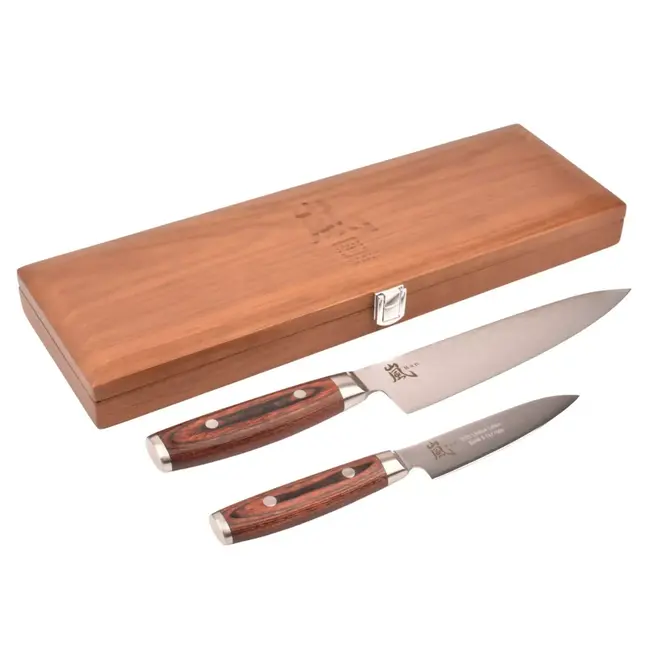 Yaxell Ran Messenset – Giftset – 2-delig – Koksmes 20 cm & Universeelmes 12 cm – 69 Lagen Damaststaal – VG10 Staal – 61 HRC – Mahonie Heft - Limited Edition