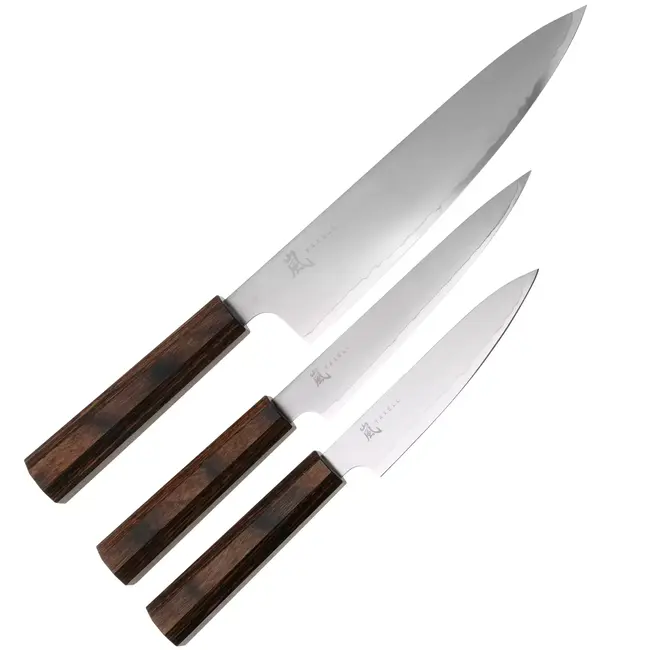 Yaxell Hana – 3-delige Messenset – Universeelmes, Vleesmes & Koksmes – MOVAX Damaststaal – Pakka Wood