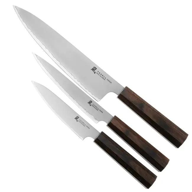 Yaxell Hana – 3-delige Messenset – Universeelmes, Vleesmes & Koksmes – MOVAX Damaststaal – Pakka Wood