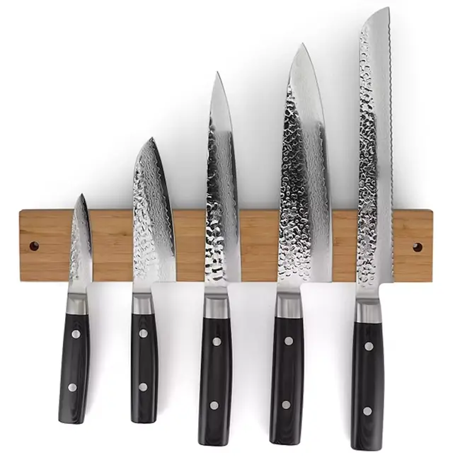 Yaxell Zen Messenset – 6-delig – Magnetische Messenstrip van Bamboe met 5 Messen – 37 Lagen Damaststaal – Canvas-Micarta Heft