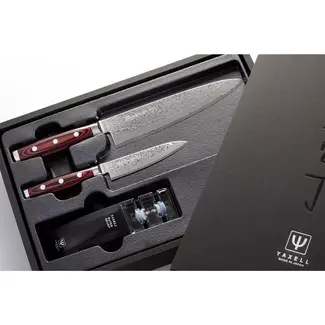 Yaxell Super Gou Messenset – Giftset – 3-delig – Messenslijper, Koksmes 20 cm & Universeelmes 12 cm – 161 Lagen Damaststaal – SG2 Staal – 63 HRC – Canvas-Micarta Heft