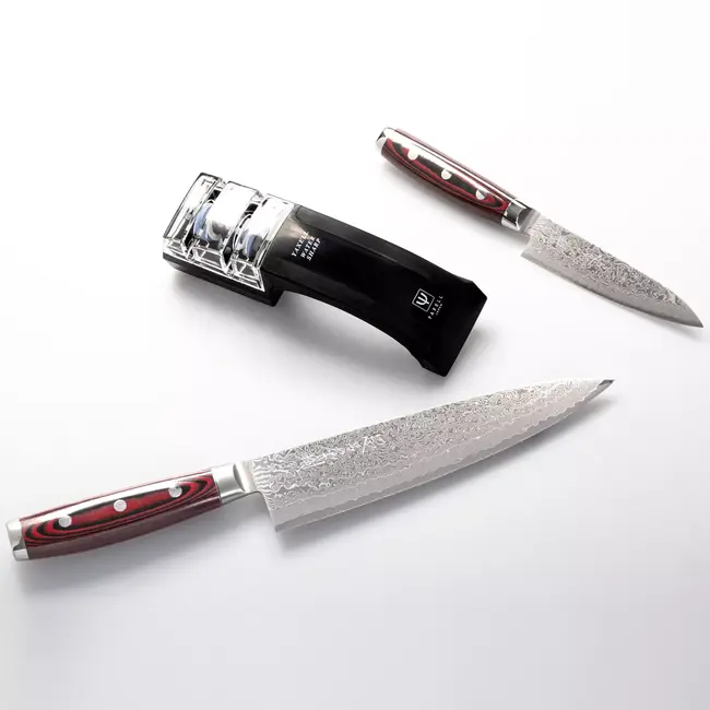 Yaxell Super Gou Messenset – Giftset – 3-delig – Messenslijper, Koksmes 20 cm & Universeelmes 12 cm – 161 Lagen Damaststaal – SG2 Staal – 63 HRC – Canvas-Micarta Heft