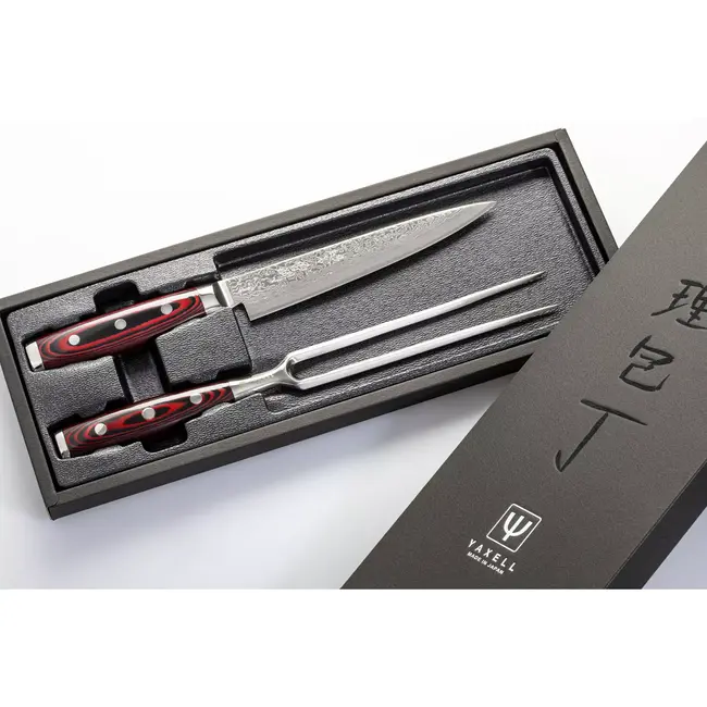 Yaxell Super Gou Trancheerset – Giftset – 2-delig – Vleesvork 13,5 cm & Vleesmes 18 cm – 161 Lagen Damaststaal – SG2 Staal – 63 HRC – Canvas-Micarta Heft