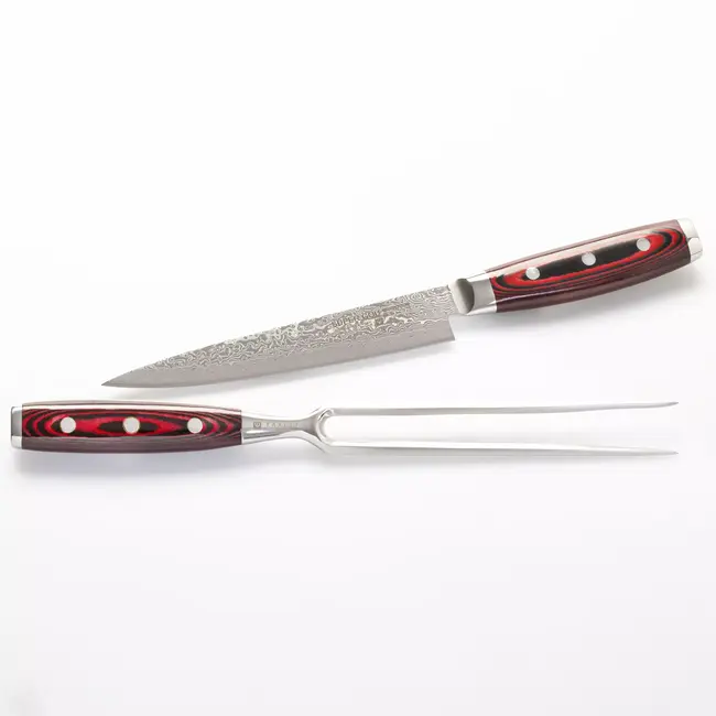 Yaxell Super Gou Trancheerset – Giftset – 2-delig – Vleesvork 13,5 cm & Vleesmes 18 cm – 161 Lagen Damaststaal – SG2 Staal – 63 HRC – Canvas-Micarta Heft