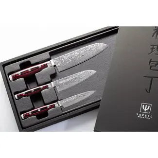Yaxell Super Gou Messenset – Giftset – 3-delig – Santoku 16,5 cm, Klein Santoku 12,5 cm & Schilmes 8 cm – 161 Lagen Damaststaal – SG2 Staal – 63 HRC – Canvas-Micarta Heft