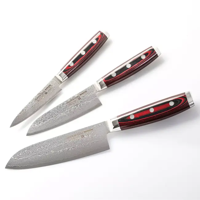 Yaxell Super Gou Messenset – Giftset – 3-delig – Santoku 16,5 cm, Klein Santoku 12,5 cm & Schilmes 8 cm – 161 Lagen Damaststaal – SG2 Staal – 63 HRC – Canvas-Micarta Heft