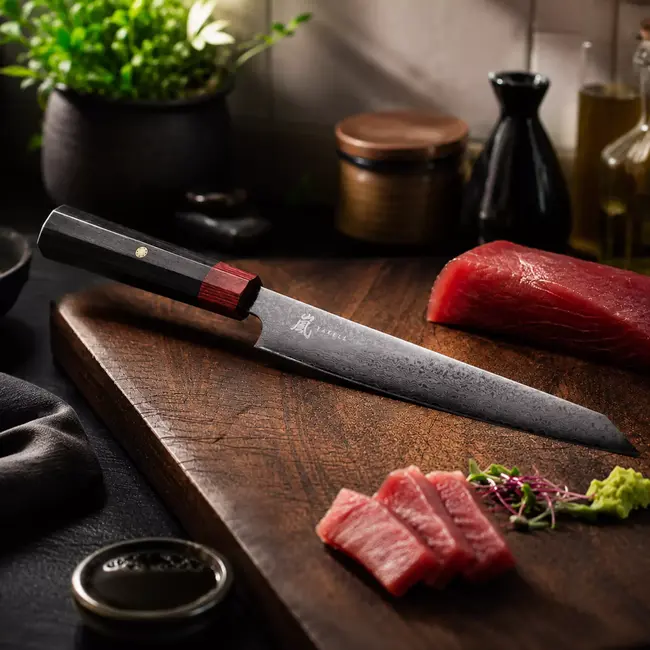 Yaxell Rei Sujihiki mes 23 cm – 69 Lagen Damaststaal – VG10 Damaststaal – 61 HRC – Pakkahout Heft