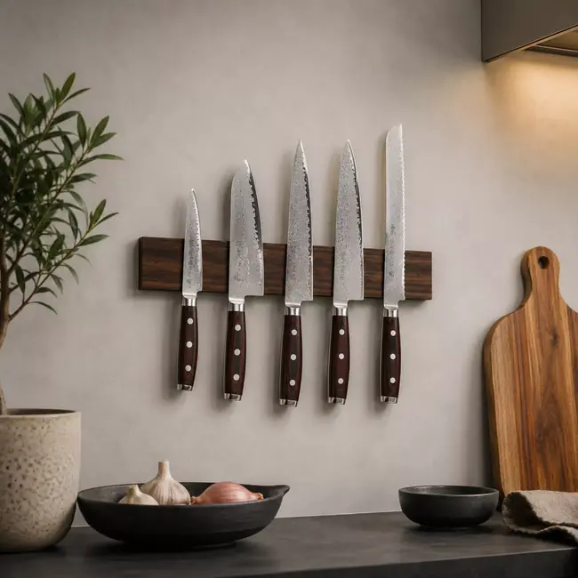 Yaxell Messenstrip van Walnoot 34,5 cm – Magnetisch en Duurzaam – Voor 5 Messen – Inclusief Bevestigingsmateriaal – Veilig, Praktisch en Elegant