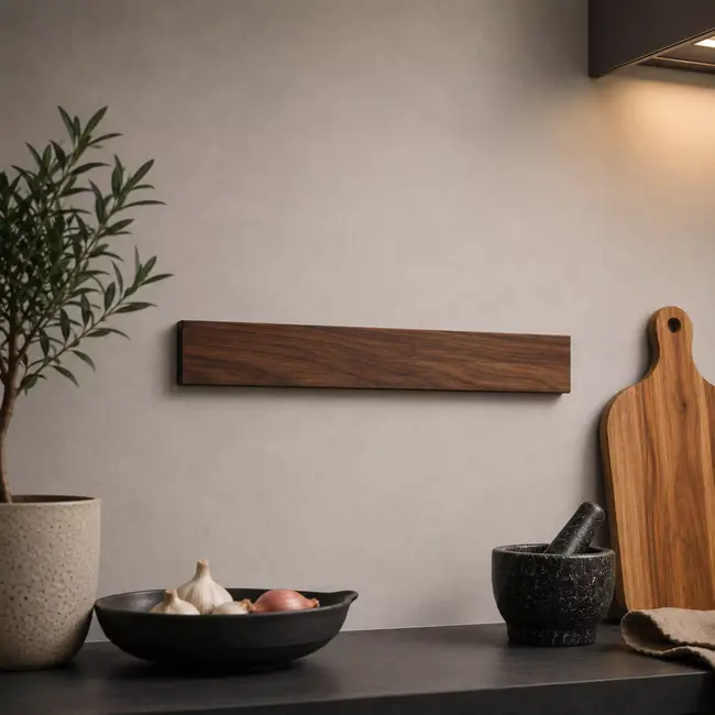 Yaxell Messenstrip van Walnoot 34,5 cm – Magnetisch en Duurzaam – Voor 5 Messen – Inclusief Bevestigingsmateriaal – Veilig, Praktisch en Elegant